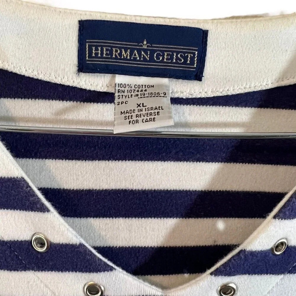 Herman Geist Blue and White Striped V Neck Top XL Knit 100% Cotton 3/4 Sleeves - Picture 4 of 5